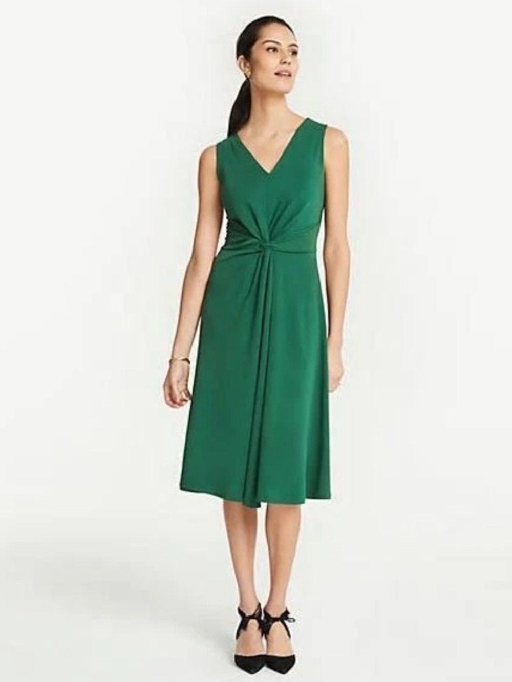 Ann Taylor Emerald Green Twist-Front Midi Dress Small Tall